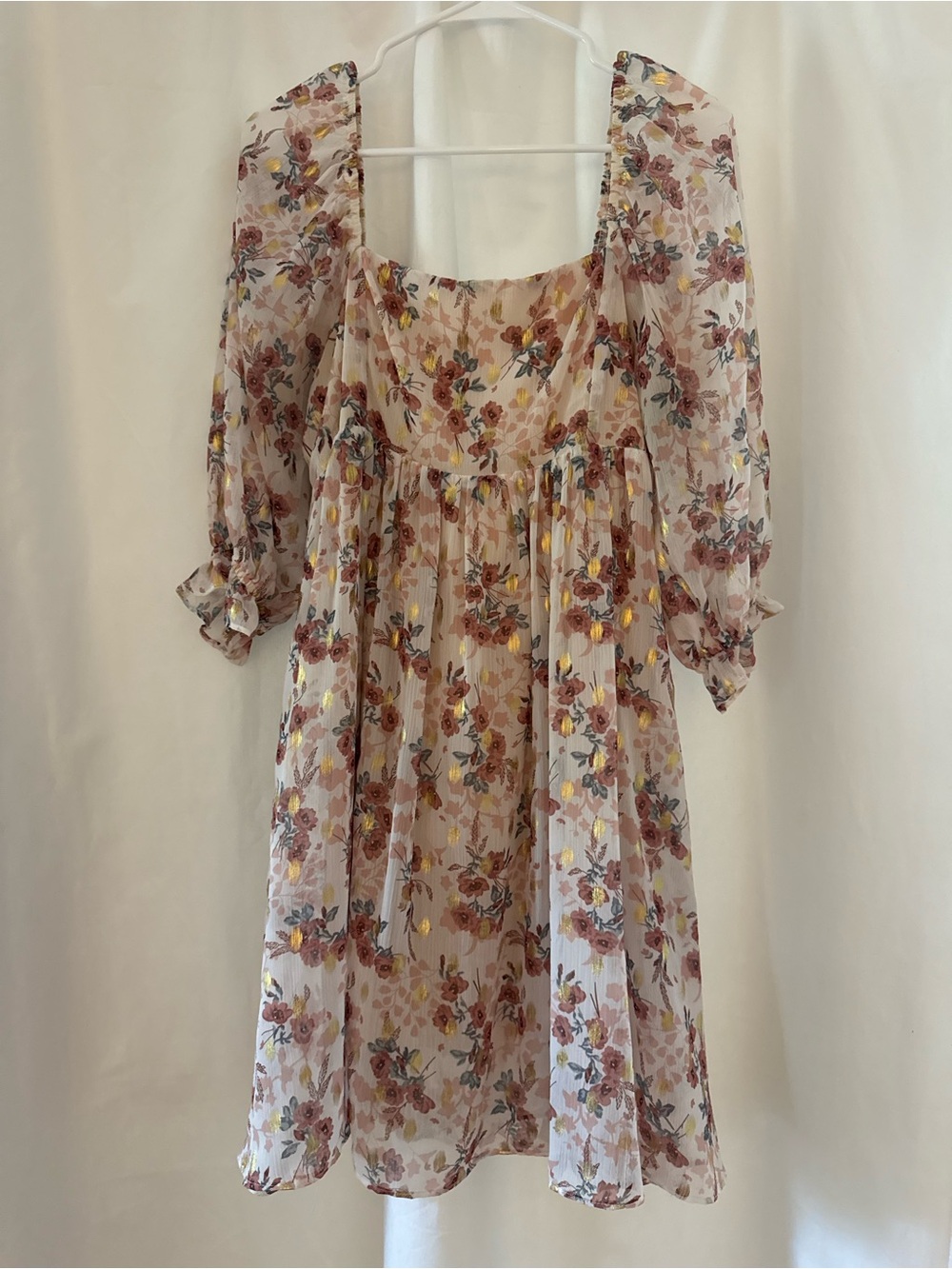 Floral Puff-Sleeve Mini Dress in Cream and Pink
